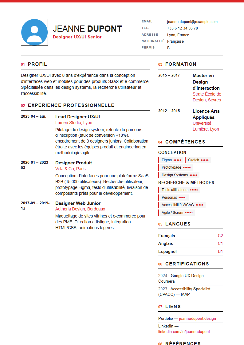 Aperçu d'un modèle de CV