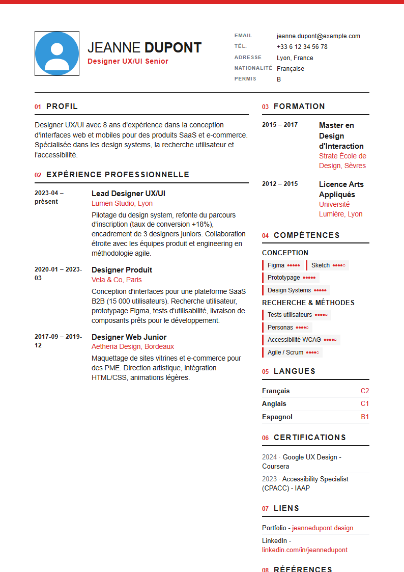 Aperçu d'un modèle de CV
